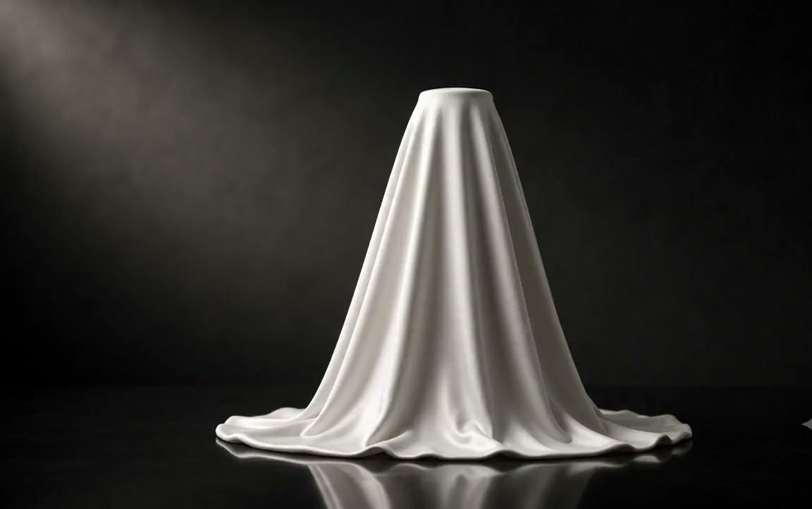 A silk cloth lifts to reveal a conical flask of glowing amber liquid